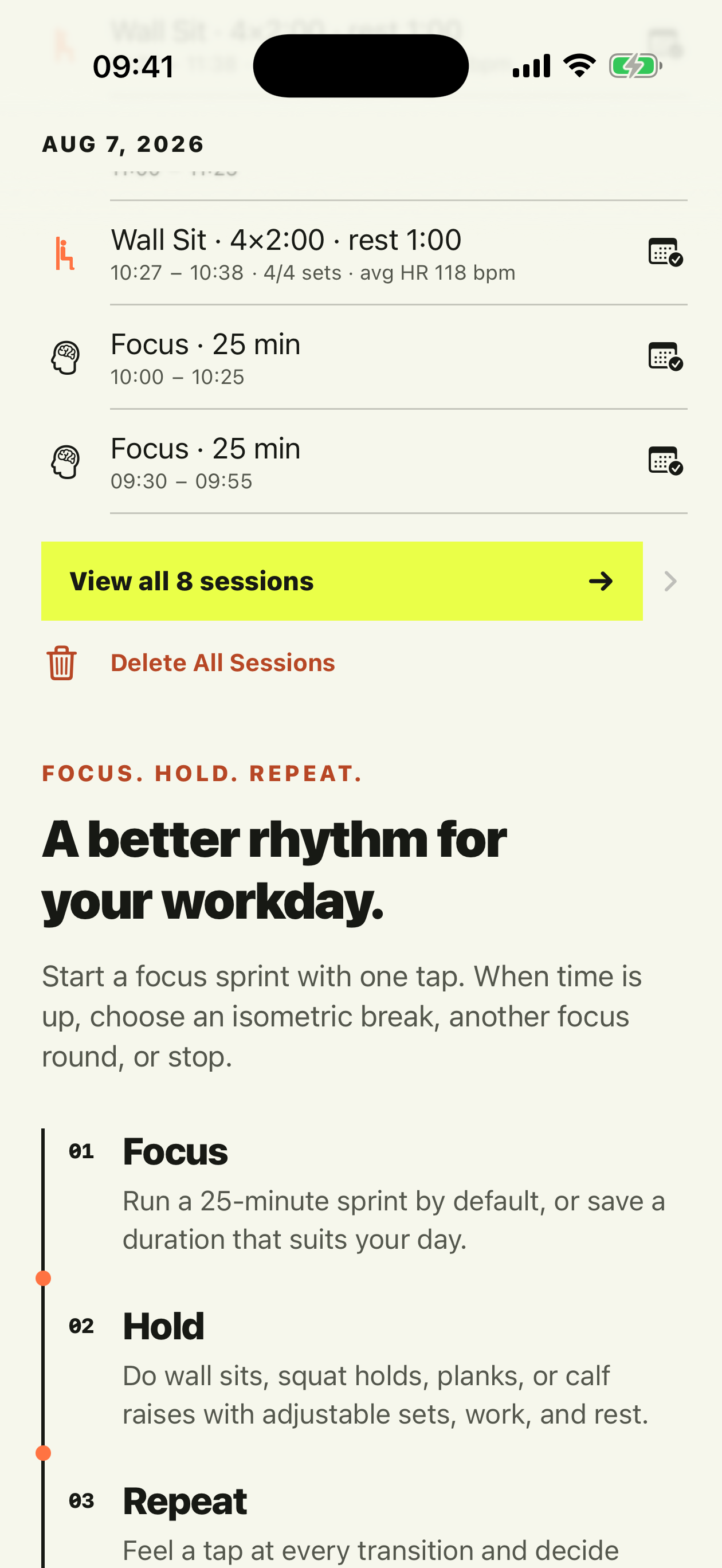 Focus iPhone companion showing five recent sessions and a route to the full archive
