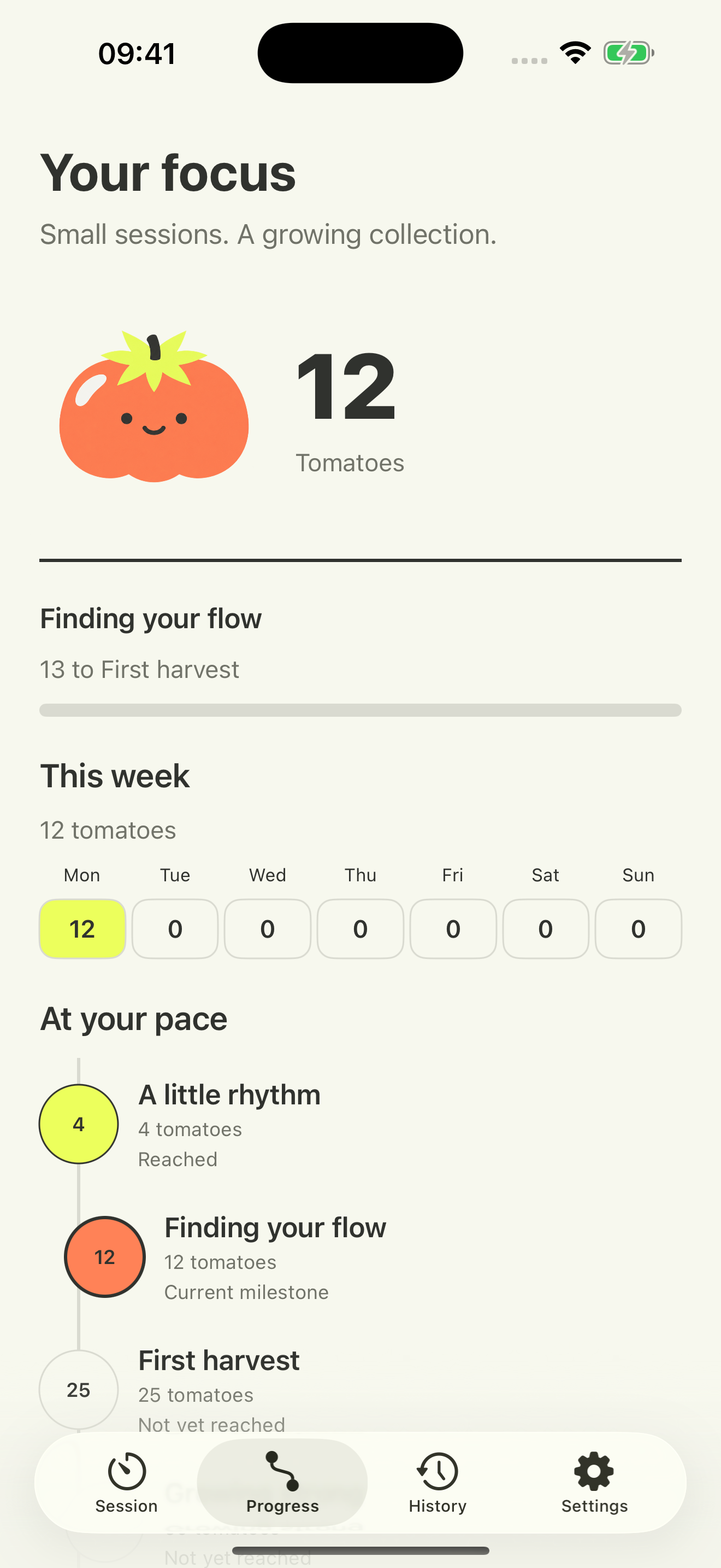 Focus & Hold Personal Progress showing 12 tomatoes, this week, and the Finding your flow milestone.