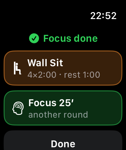 Focus completed on a 46mm Apple Watch with workout and another-focus choices